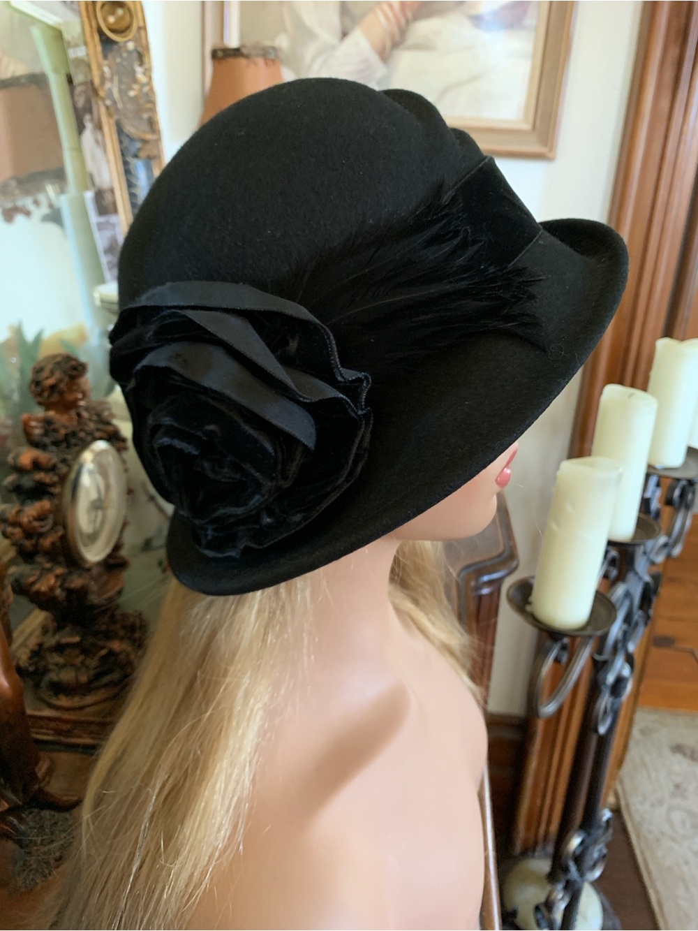 Vintage Italian 30's Inspired Gothic Wool Hat - Flower, Feathers, Velvet Ribbon